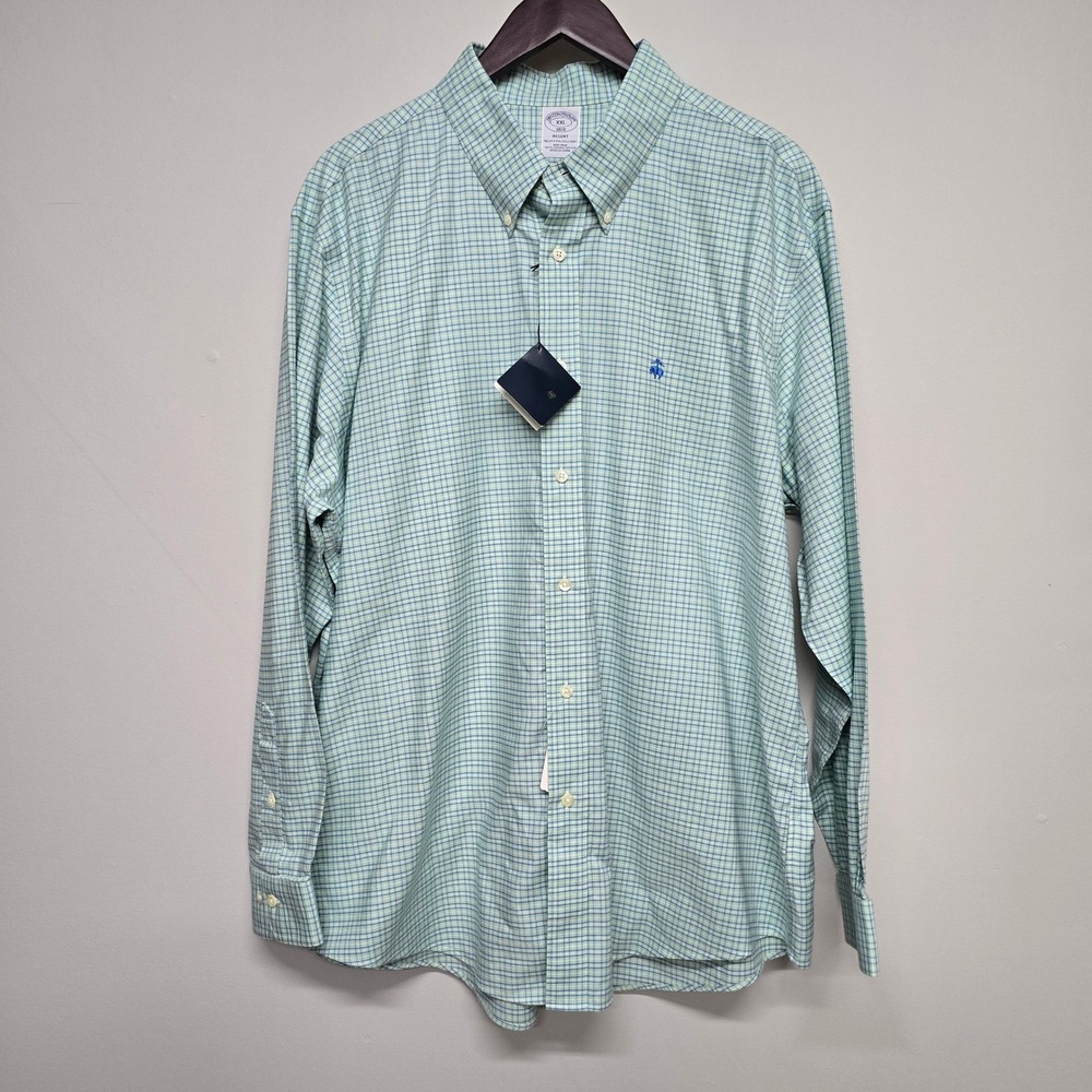 Brooks Brothers Regent Shirt Mens XXL Green Blue Plaid Supima Cotton Non-Iron